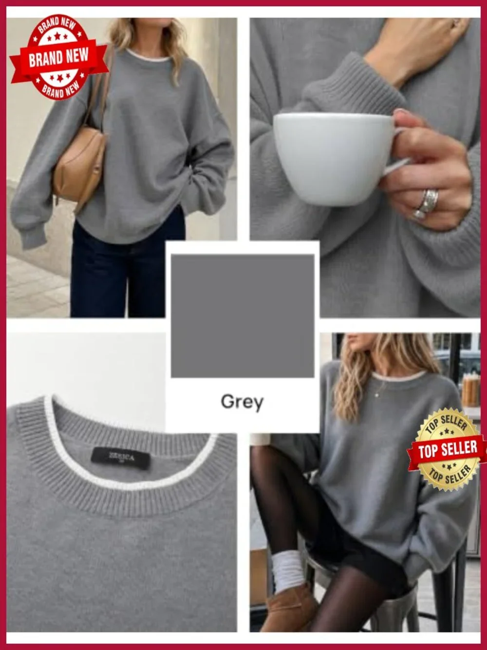 ZESICA Women's Oversized Crewneck Pullover Sweater with Lantern Sleeves - Long